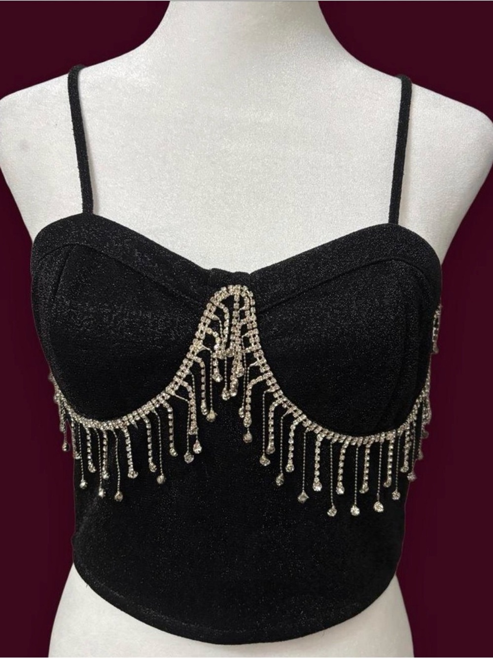 💎Black Rhinestone Fringe Bustier Crop Top - Women's